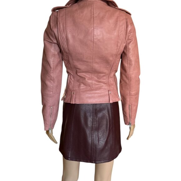 NEW Mango Faux Leather Pink Holiday Cocktail DUSTY ROSE BIKER MOTO JACKET XXS - Picture 3 of 4